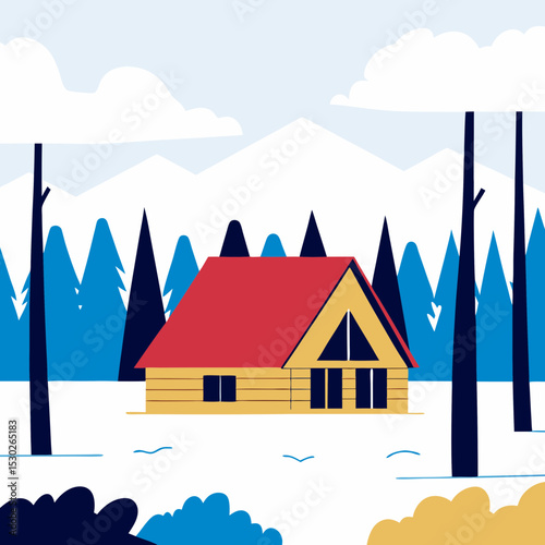 Illustration of a cabin in a snowy mountain landscape