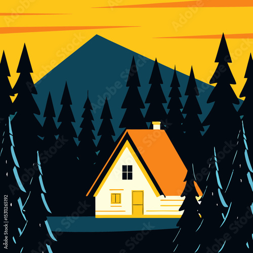 Cabin in the woods with mountain and sunset background