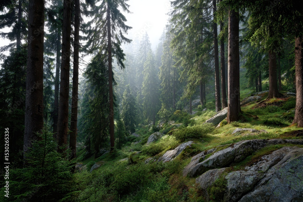 Fototapeta premium A tranquil scene of tall trees in a lush forest with fog in the distance view scene