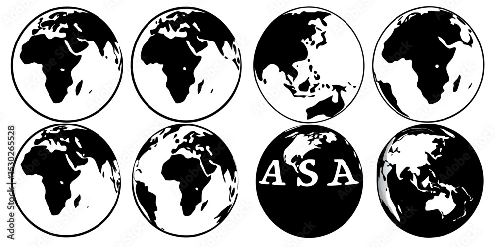Fototapeta premium Eight black and white world globe illustrations