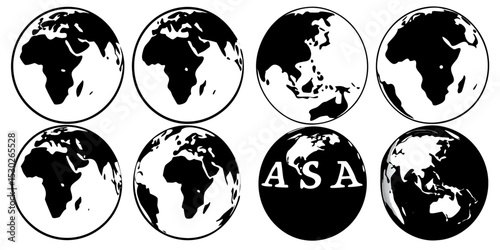 Eight black and white world globe illustrations