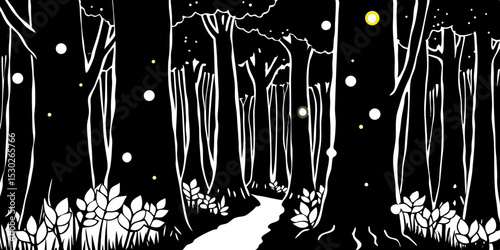 Enchanted forest path at night with fireflies