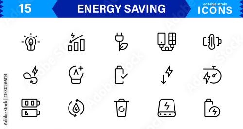 Energy Saving Icon Collection with Eco, Renewable, Power, Green Technology, and Sustainability Symbols in Simple, Download-Ready Design