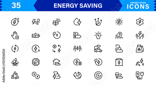 Energy Saving Icon Collection with Eco, Renewable, Power, Green Technology, and Sustainability Symbols in Simple, Download-Ready Design
