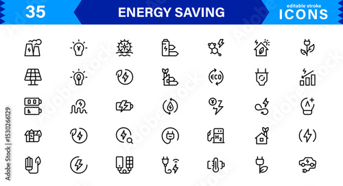 Energy Saving Icon Collection with Eco, Renewable, Power, Green Technology, and Sustainability Symbols in Simple, Download-Ready Design