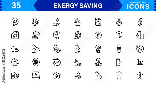 Energy Saving Icon Collection with Eco, Renewable, Power, Green Technology, and Sustainability Symbols in Simple, Download-Ready Design