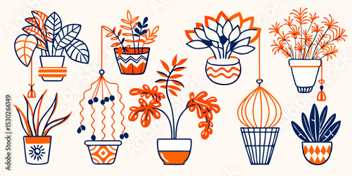 Collection of houseplants in orange and blue pots