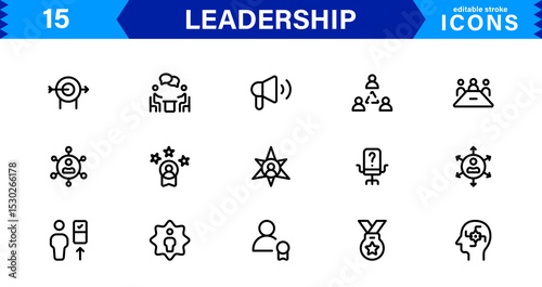 Leadership Icon Set Representing Authority, Teamwork, Strategy, Motivation, and Vision in a Minimalist, Professional, and Marketable Vector Format