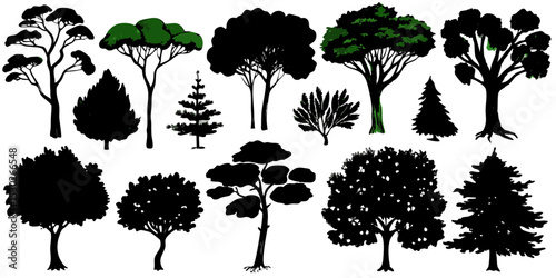 Collection of black silhouette trees and conifers