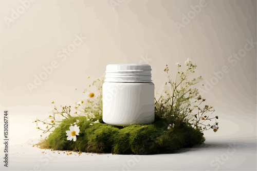 A picture product photography picture of a white jar on moss and flowers, with a light cream gradient background.