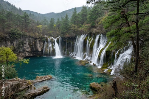 Scenic view of cascading waterfalls flowing into a turquoise pool surrounded by trees