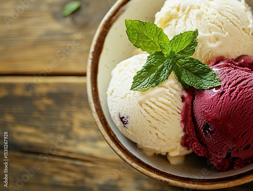Close-up of ice cream scoops in bowl on wooden table