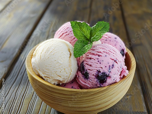 Close-up of ice cream scoops in bowl on wooden table