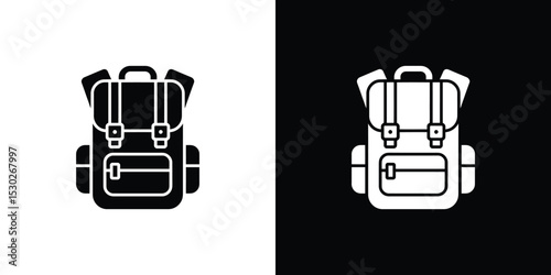 Black and White Icon Depicting a Hiking Backpack with Multiple Straps and Pockets