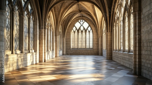 Sunlit Gothic Cathedral Corridor: Architectural Grandeur