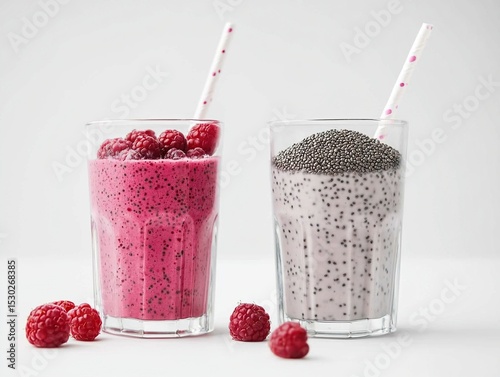Two Smoothie Glasses with Berries and Chia Seeds on White Background