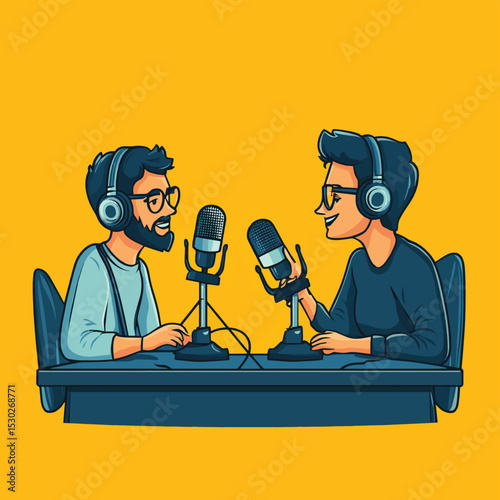Podcast concept. Vector illustration of two people in headphones talking in studio with microphones. Isolated on background, vector style simple color