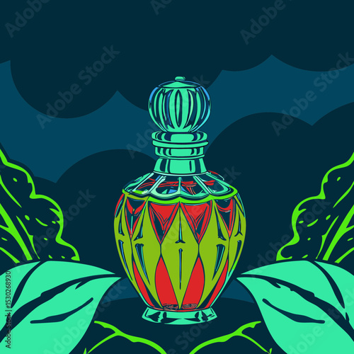 Ornate perfume bottle with leaves against a dark backdrop