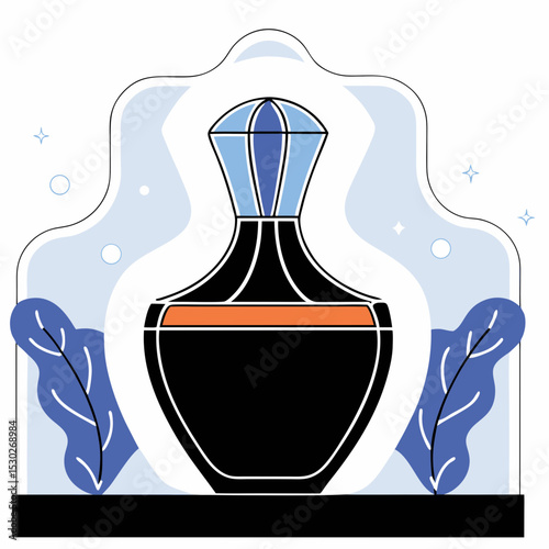 Illustration of a black perfume bottle with blue accents