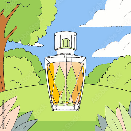 Perfume bottle on green grass with trees and blue sky