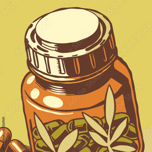 Illustration of a bottle with capsules and leaf designs