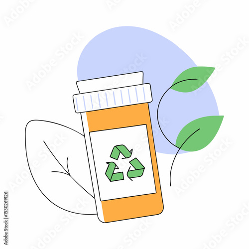 Recycle pill bottle with leaves on a blue background