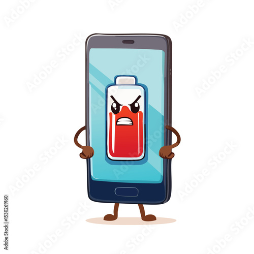 Vector of a mobile phone with an angry face and a low battery icon, arms crossed