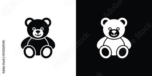 Black and White Two Teddy Bear Icons, One Black on White, One White on Black