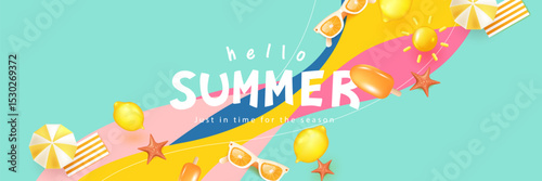 Vibrant summer banner with abstract pastel waves, lemons, sunglasses, and beach accessories. Great for seasonal promotions and youth-oriented content.