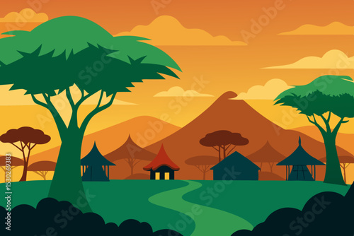 Sunset Landscape Illustration Serene Village by Volcanic Mountain