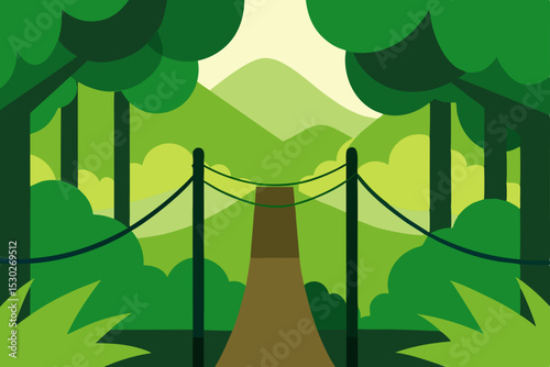 Jungle Adventure Rope Bridge Crossing Through Lush Green Forest