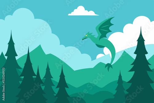 Serpentine Dragon Soaring Above Emerald Mountains A Fantasy Illustration