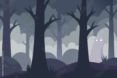 Mysterious Ghost in a Foggy Forest Spooky Halloween Illustration