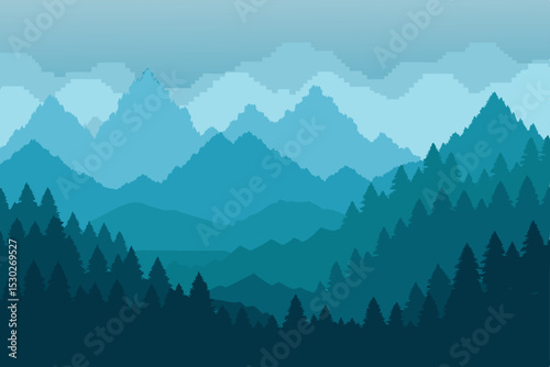 Serene Blue Mountain Landscape A Misty Forest and Majestic Peaks Illustration