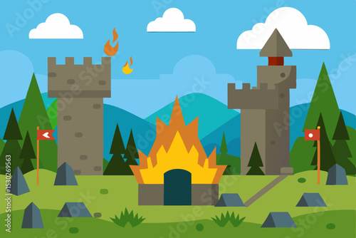 Fiery Siege Medieval Castle Under Attack, Fantasy Illustration