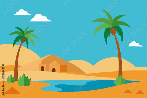 Serene Oasis Desert Landscape with Palm Trees and Tranquil Pond