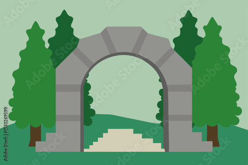 Stone Archway Entrance to Serene Garden Landscape Illustration