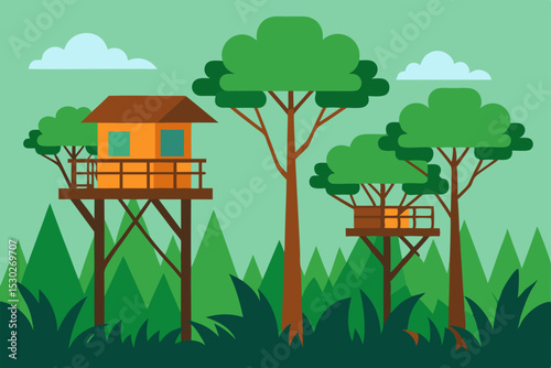 Enchanted Treetop Houses A Whimsical Illustration of Nature's Retreat