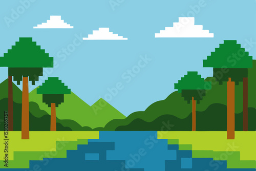 Pixel Art Landscape Serene River Scene with Lush Green Mountains and Trees