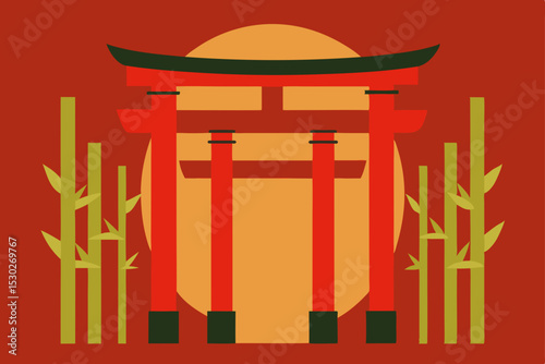 Serene Japanese Torii Gate Illustration Bamboo, Sunrise, and Tranquility