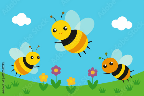 Adorable Cartoon Bees Flying Over Flowers A Delightful Spring Illustration