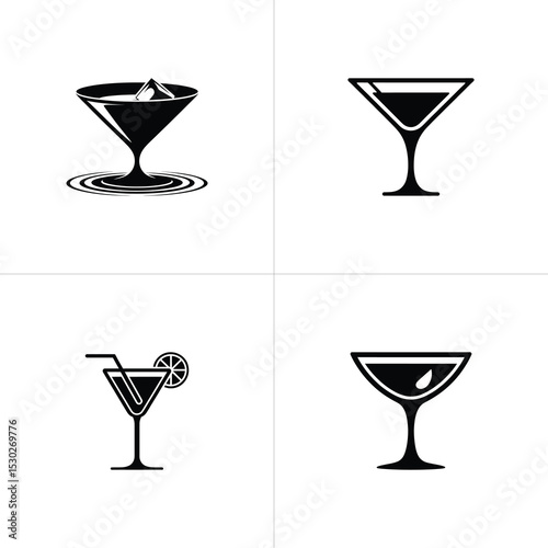 Black and White Martini Glass Icons Classic Cocktails with Ice, Straw, and Garnish