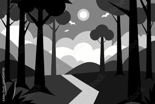 Serene Monochromatic Forest Path A Tranquil Nature Illustration