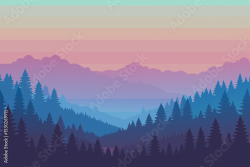 Serene Mountain Landscape Pastel Hues and Silhouetted Trees at Dawn