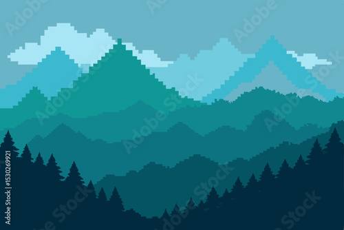 Pixel Art Mountain Landscape Serene Blue and Green Peaks