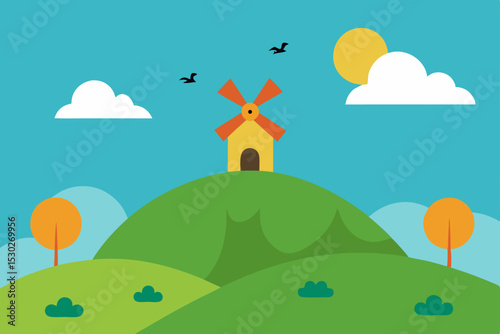 Sunny Hilltop Windmill A Charming Rural Landscape Illustration