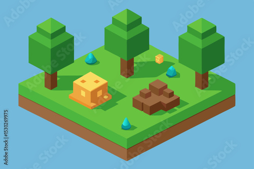Isometric Low-Poly Forest Scene Trees, Cheese, and Rocks in a Pixelated Landscape