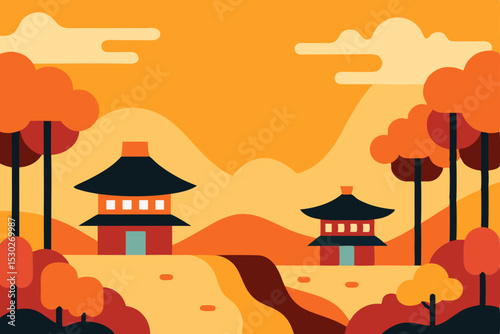 Autumnal Serenity  Asian Temple Landscape Illustration