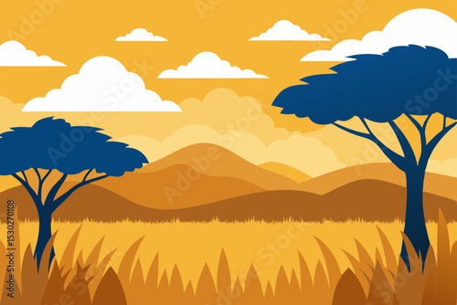Serene African Savanna Sunset Golden Grasslands and Silhouette Trees