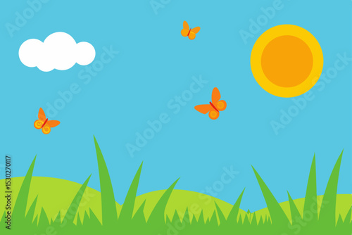 Sunny Meadow Butterflies, Blue Sky, and Green Grass Illustration